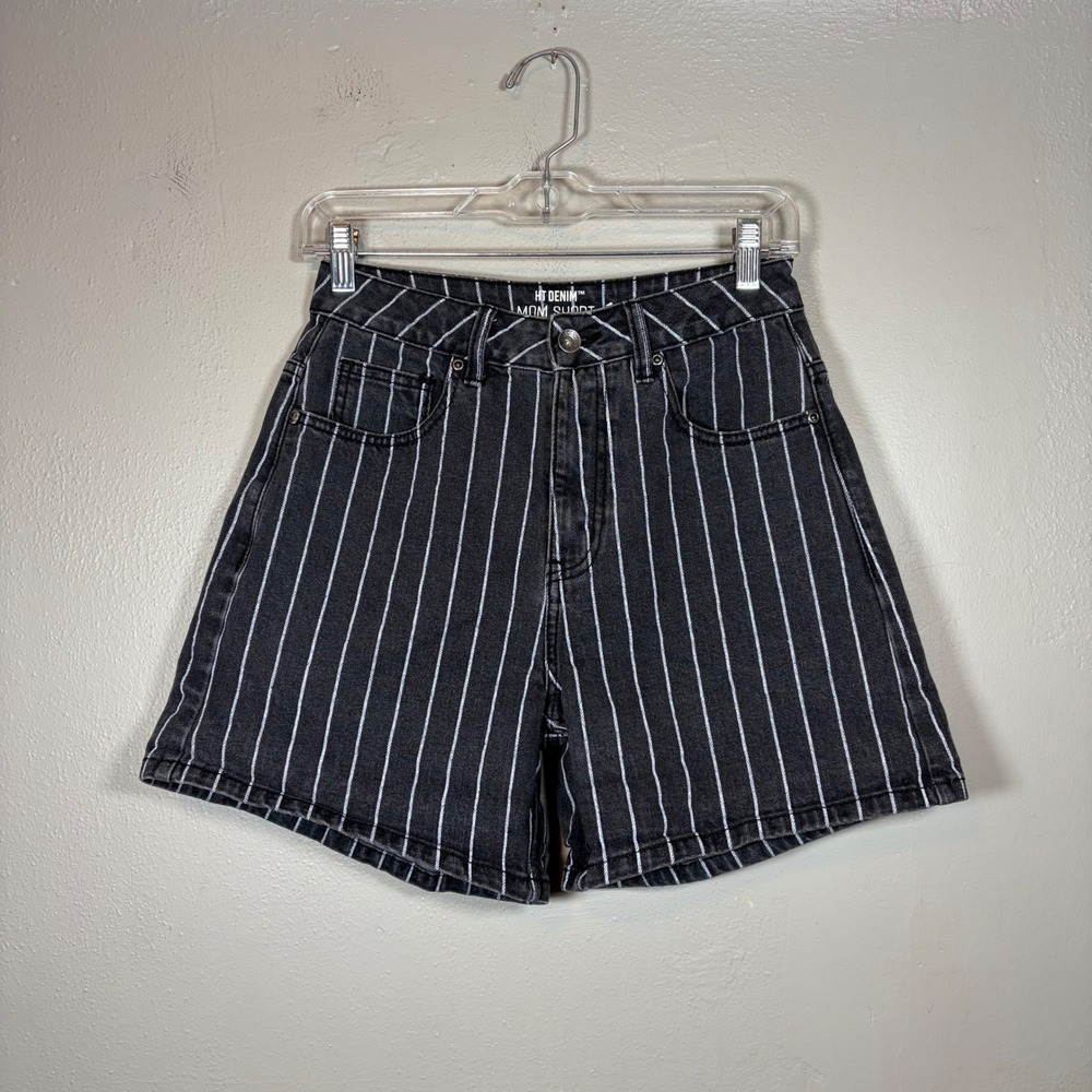 HT Denim‎ Mom Short Black White Pinstripe High Waisted Shorts Size 1 12639143